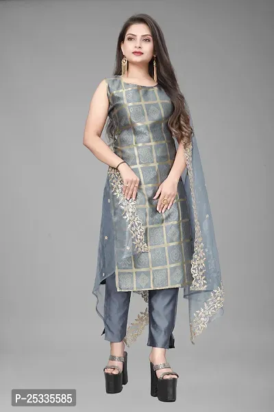 A-Line Grey Woven Design Jacquard kurta Set-thumb0