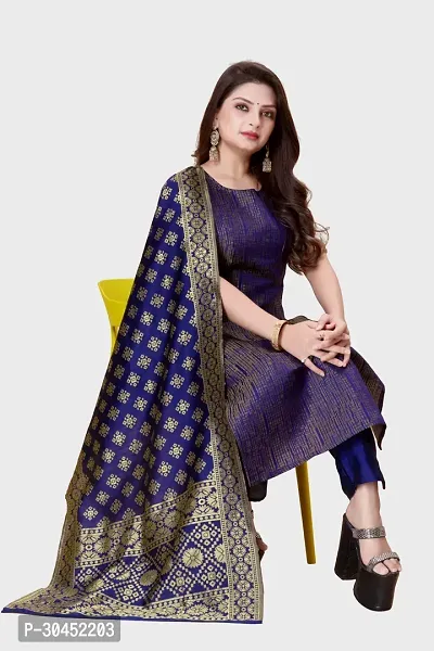 Elegant Navy Blue Woven Design Jacquard Kurta Pant With Dupatta For Women