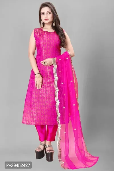 Elegant Pink Woven Design Jacquard A-Line Kurta Pant With Dupatta For Women-thumb0