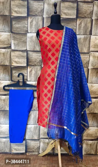 Stylish Red Jacquard Kurta, Bottom And Dupatta Set For Women