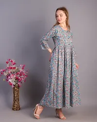 Women Printed Cotton Round Neck 3/4 Sleeve Long Flair Kurti-thumb2