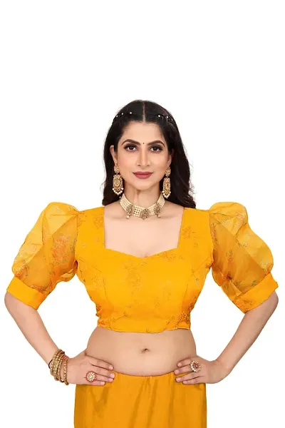 Ishika Fab Women's Organza Balloon Sleeved Semi-Stitched Blouse (Yellow)