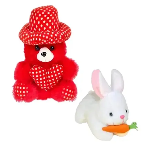 Red Teddy Bear with Polka Dot Hat and Heart White Bunny with Carrot for birthday gift and fastival gift