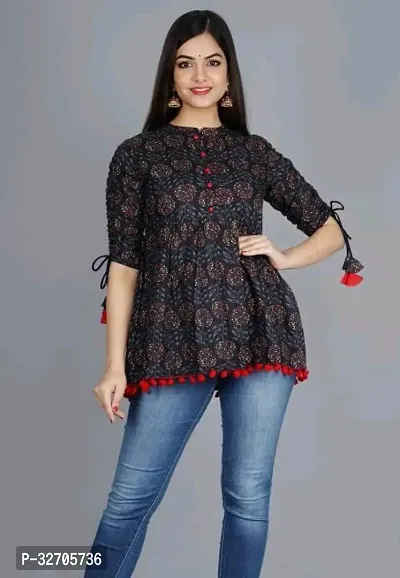 Stitched Black Printed Rayon Kurta-thumb0