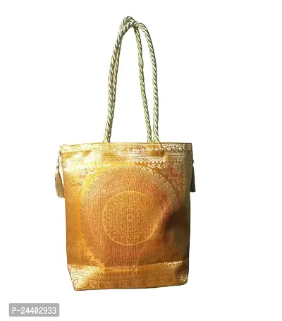 Indian Handmade Multi Purpose Handbag For Women Ethnic Stylish Banarasi Brocade Silk Shoulder Bag Traditional (Yellow)-thumb0