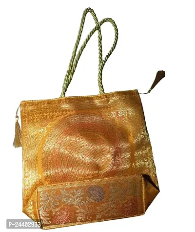 Indian Handmade Multi Purpose Handbag For Women Ethnic Stylish Banarasi Brocade Silk Shoulder Bag Traditional (Yellow)-thumb2
