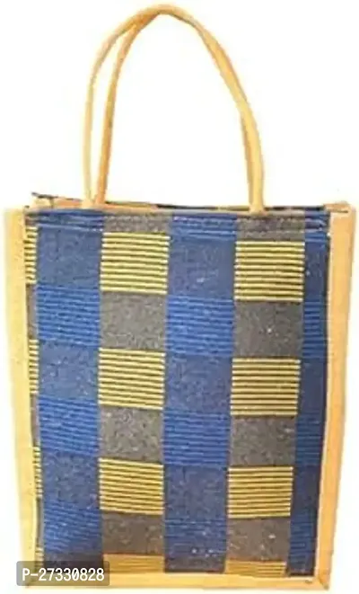 Stylish Blue Jute Checked Tote Bags For Women