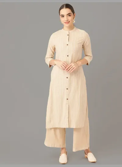 Trendy Mandarin Collar with Button Style 3/4th Sleeves Straight Kurta with Pant Set