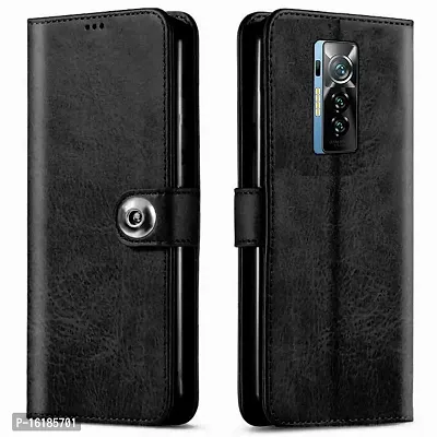 Mobcure Genuine Leather Finish Flip Back Cover Case | Inbuilt Pockets  Stand | Wallet Style | Designer Tich Button Magnet Case for Tecno Phantom X - Z Black