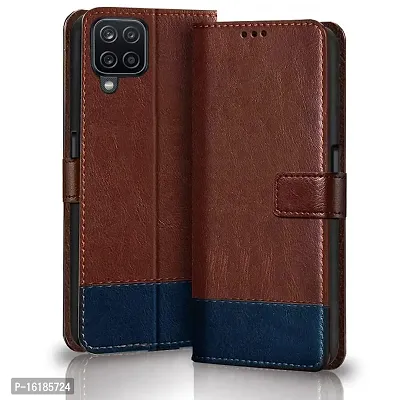 Mobcure Double Shade Flip Cover Pu Leather Flip Case With Card Holder And Magnetic Stand For Samsung Galaxy A12 Brown With Blue