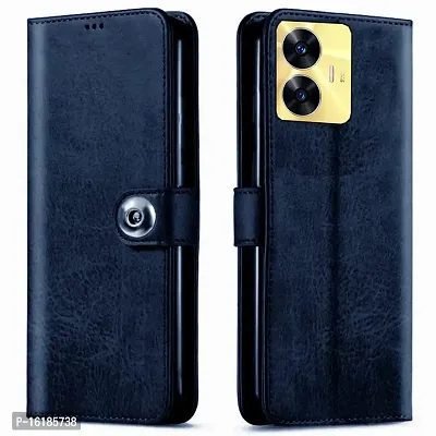 Mobcure Genuine Leather Finish Flip Back Cover Case Inbuilt Pockets Stand Wallet Style Designer Tich Button Magnet Case For Realme C55 Navy Blue