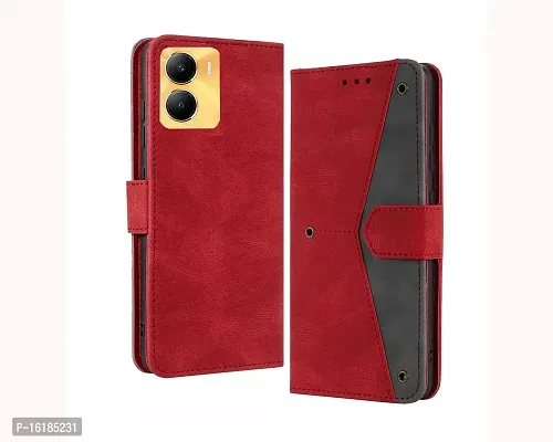 Mobcure Splicing PU Leather Case for Vivo Y56 5G|Retro Full Protection Premium Flip Cover Wallet Case with Magnetic Closure Kickstand Card Slots (Red with Gray)