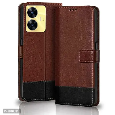 Mobcure Double Shade Flip Cover Pu Leather Flip Case With Card Holder And Magnetic Stand For Realme C55 Brown With Black-thumb0