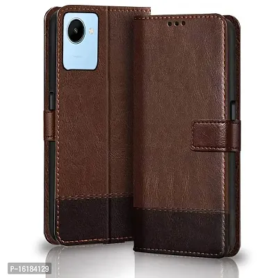 Mobcure Double Shade Flip Cover PU Leather Flip Case with Card Holder and Magnetic Stand for Realme C30 (Brown with Coffee)