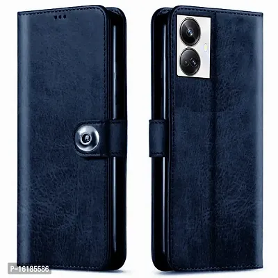 Mobcure Genuine Leather Finish Flip Back Cover Case | Inbuilt Pockets  Stand | Wallet Style | Designer Tich Button Magnet Case for Realme 10 Pro Plus 5G - Navy Blue