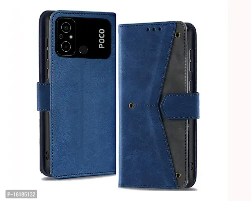 Mobcure Splicing PU Leather Case for Xiaomi Poco C55|Retro Full Protection Premium Flip Cover Wallet Case with Magnetic Closure Kickstand Card Slots (Blue with Gray)