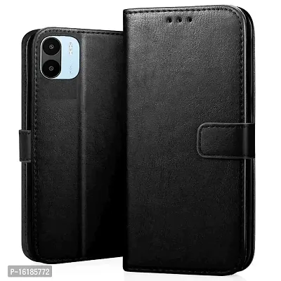 Mobcure Genuine Leather Finish Flip Cover Back Case for Redmi A1 2022|Inbuilt Stand  Inside Pockets| Wallet Style | Magnet Closure - Black