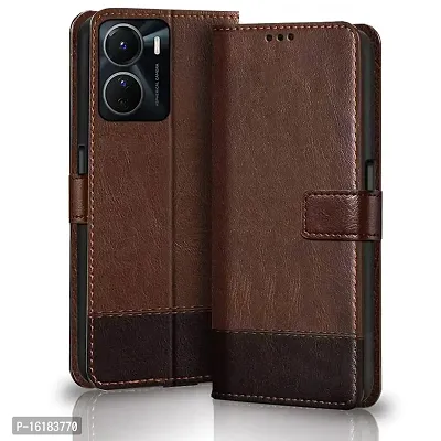 Mobcure Double Shade Flip Cover PU Leather Flip Case with Card Holder and Magnetic Stand for Vivo Y16 (Brown with Coffee)-thumb0