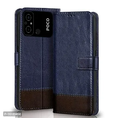 Mobcure Double Shade Flip Cover PU Leather Flip Case with Card Holder and Magnetic Stand for Xiaomi Poco C55 (Blue with Coffee)