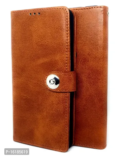 Mobcure Genuine Leather Finish Flip Back Cover Case | Inbuilt Pockets  Stand | Wallet Style | Designer Tich Button Magnet Case for Tecno Pova Neo 5G -Tan Color-thumb0