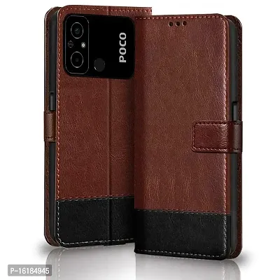 Mobcure Double Shade Flip Cover PU Leather Flip Case with Card Holder and Magnetic Stand for Xiaomi Poco C55 (Brown with Black)
