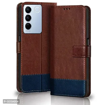 Mobcure Double Shade Flip Cover PU Leather Flip Case with Card Holder and Magnetic Stand for Vivo V27 5G (Brown with Blue)
