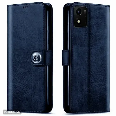 Mobcure Genuine Leather Finish Flip Back Cover Case | Inbuilt Pockets  Stand | Wallet Style | Designer Tich Button Magnet Case for Vivo Y15A - Navy Blue