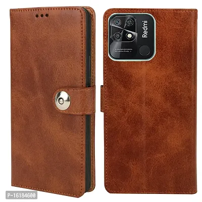 Mobcure Genuine Leather Finish Flip Back Cover Case | Inbuilt Pockets  Stand | Wallet Style | Designer Tich Button Magnet Case for Redmi 9 -Tan Color