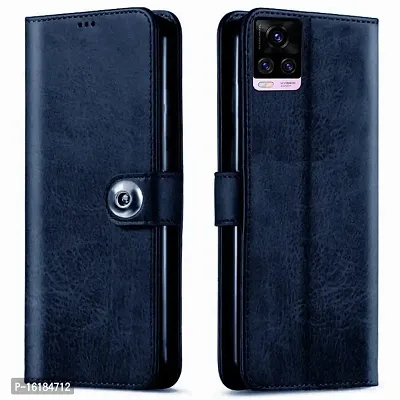 Mobcure Genuine Leather Finish Flip Back Cover Case | Inbuilt Pockets  Stand | Wallet Style | Designer Tich Button Magnet Case for Vivo V20 Pro - Navy Blue-thumb0
