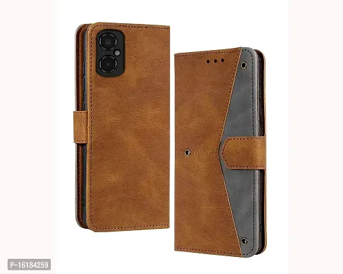 Mobcure Splicing PU Leather Case for Xiaomi Poco M4 5G|Retro Full Protection Premium Flip Cover Wallet Case with Magnetic Closure Kickstand Card Slots (Brown with Gray)-thumb0