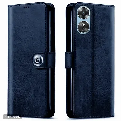 Mobcure Genuine Leather Finish Flip Back Cover Case | Inbuilt Pockets  Stand | Wallet Style | Designer Tich Button Magnet Case for Oppo A17 - Navy Blue