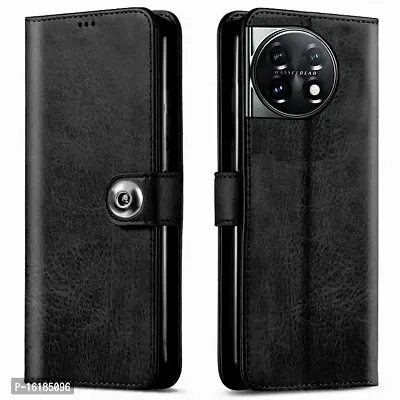 Mobcure Genuine Leather Finish Flip Back Cover Case | Inbuilt Pockets  Stand | Wallet Style | Designer Tich Button Magnet Case for Oneplus 11R 5G - Z Black