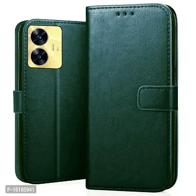 Mobcure Genuine Leather Finish Flip Cover Back Case For Realme C55 Inbuilt Stand Inside Pockets Wallet Style Magnet Closure Green
