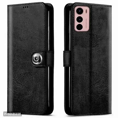 Mobcure Genuine Leather Finish Flip Back Cover Case | Inbuilt Pockets  Stand | Wallet Style | Designer Tich Button Magnet Case for Motorola Moto G42 - Z Black