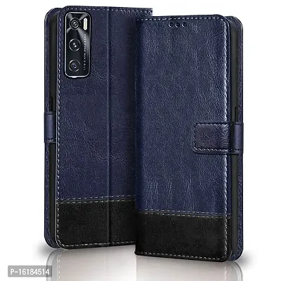 Mobcure Double Shade Flip Cover PU Leather Flip Case with Card Holder and Magnetic Stand for Vivo V20 SE (Blue with Black)
