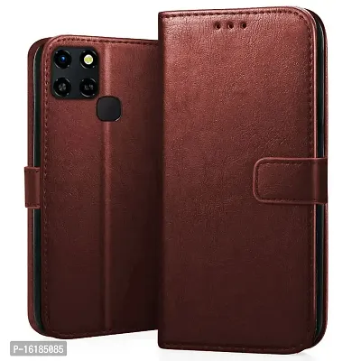 Mobcure Genuine Leather Finish Flip Cover Back Case For Infinix Smart 6 Inbuilt Stand Inside Pockets Wallet Style Magnet Closure Brown