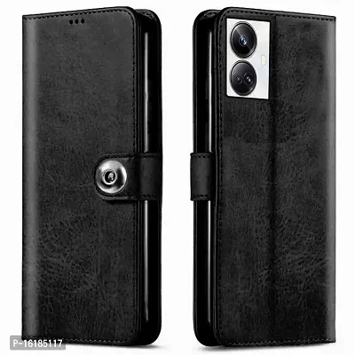 Mobcure Genuine Leather Finish Flip Back Cover Case Inbuilt Pockets Stand Wallet Style Designer Tich Button Magnet Case For Realme 10 Pro Plus 5G Z Black-thumb0