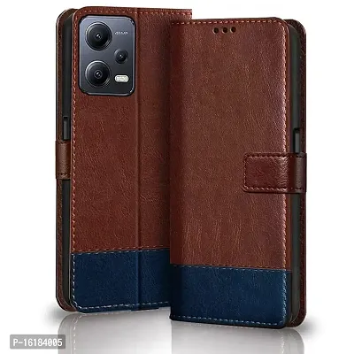 Mobcure Double Shade Flip Cover PU Leather Flip Case with Card Holder and Magnetic Stand for Redmi Note 12 Pro Plus 5G (Brown with Blue)-thumb0