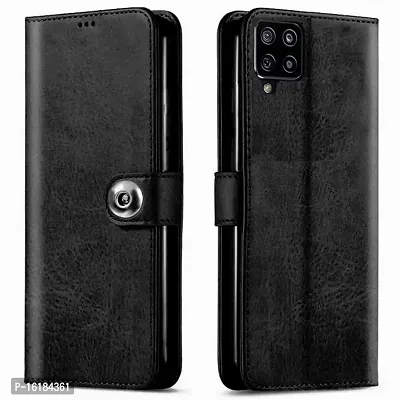 Mobcure Genuine Leather Finish Flip Back Cover Case Inbuilt Pockets Stand Wallet Style Designer Tich Button Magnet Case For Samsung Galaxy A12 Z Black