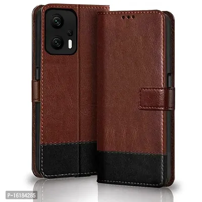 Mobcure Double Shade Flip Cover PU Leather Flip Case with Card Holder and Magnetic Stand for Redmi K50i 5G (Brown with Black)