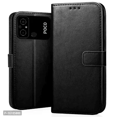 Mobcure Genuine Leather Finish Flip Cover Back Case For Xiaomi Poco C55 Inbuilt Stand Inside Pockets Wallet Style Magnet Closure Black