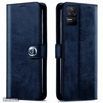 Mobcure Genuine Leather Finish Flip Back Cover Case | Inbuilt Pockets  Stand | Wallet Style | Designer Tich Button Magnet Case for Mi Poco F4 5G - Navy Blue