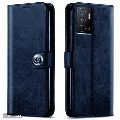 Mobcure Genuine Leather Finish Flip Back Cover Case | Inbuilt Pockets  Stand | Wallet Style | Designer Tich Button Magnet Case for Vivo Y75 4G - Navy Blue
