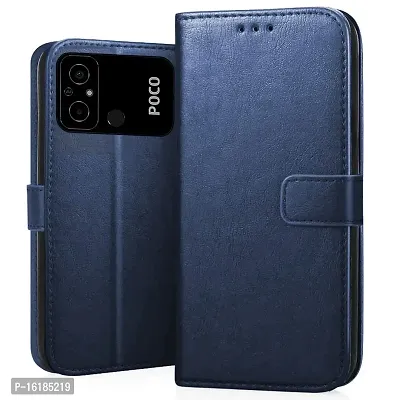 Mobcure Genuine Leather Finish Flip Cover Back Case For Xiaomi Poco C55 Inbuilt Stand Inside Pockets Wallet Style Magnet Closure Blue