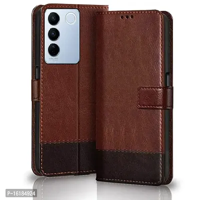 Mobcure Double Shade Flip Cover PU Leather Flip Case with Card Holder and Magnetic Stand for Vivo V27 Pro 5G (Brown with Coffee)-thumb0