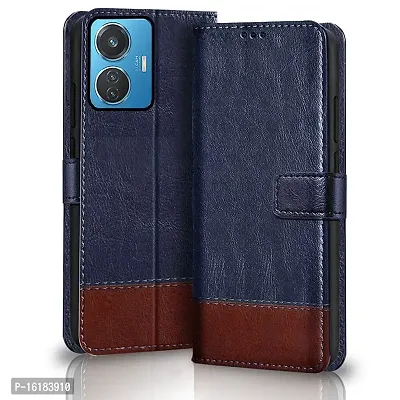 Mobcure Double Shade Flip Cover PU Leather Flip Case with Card Holder and Magnetic Stand for IQOO Z6 Lite (Blue with Brown)-thumb0