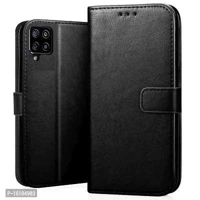 Mobcure Genuine Leather Finish Flip Cover Back Case For Samsung Galaxy A12 Inbuilt Stand Inside Pockets Wallet Style Magnet Closure Black