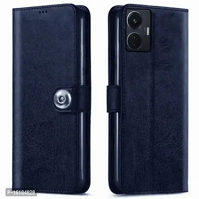 Mobcure Genuine Leather Finish Flip Back Cover Case | Inbuilt Pockets  Stand | Wallet Style | Designer Tich Button Magnet Case for IQOO Z6 44W - Navy Blue