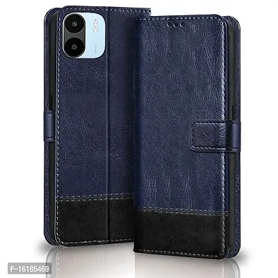 Mobcure Double Shade Flip Cover PU Leather Flip Case with Card Holder and Magnetic Stand for Redmi A1 2022 (Blue with Black)