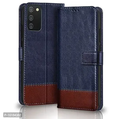 Mobcure Double Shade Flip Cover PU Leather Flip Case with Card Holder and Magnetic Stand for Samsung Galaxy M02s (Blue with Brown)